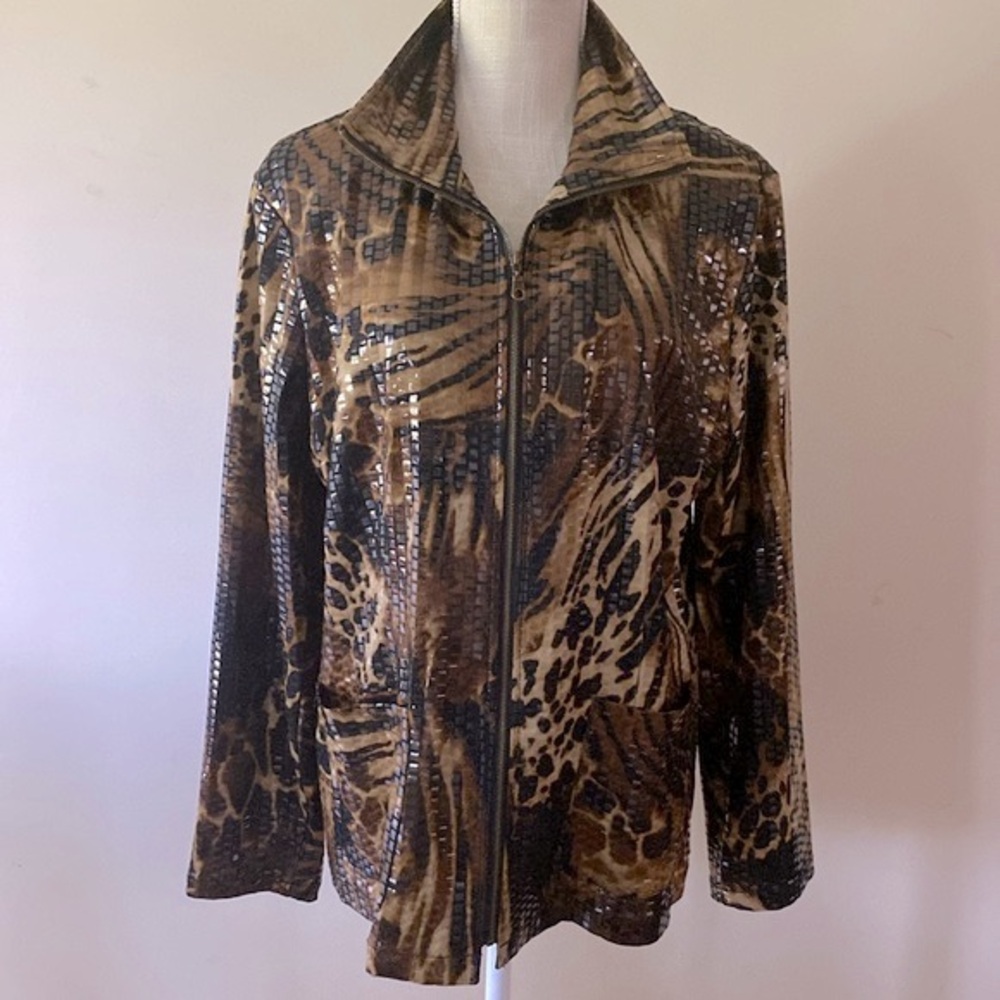 Ruby Rd. Animal print woman’s jacket full zip up monk neck shinny squares sz16
